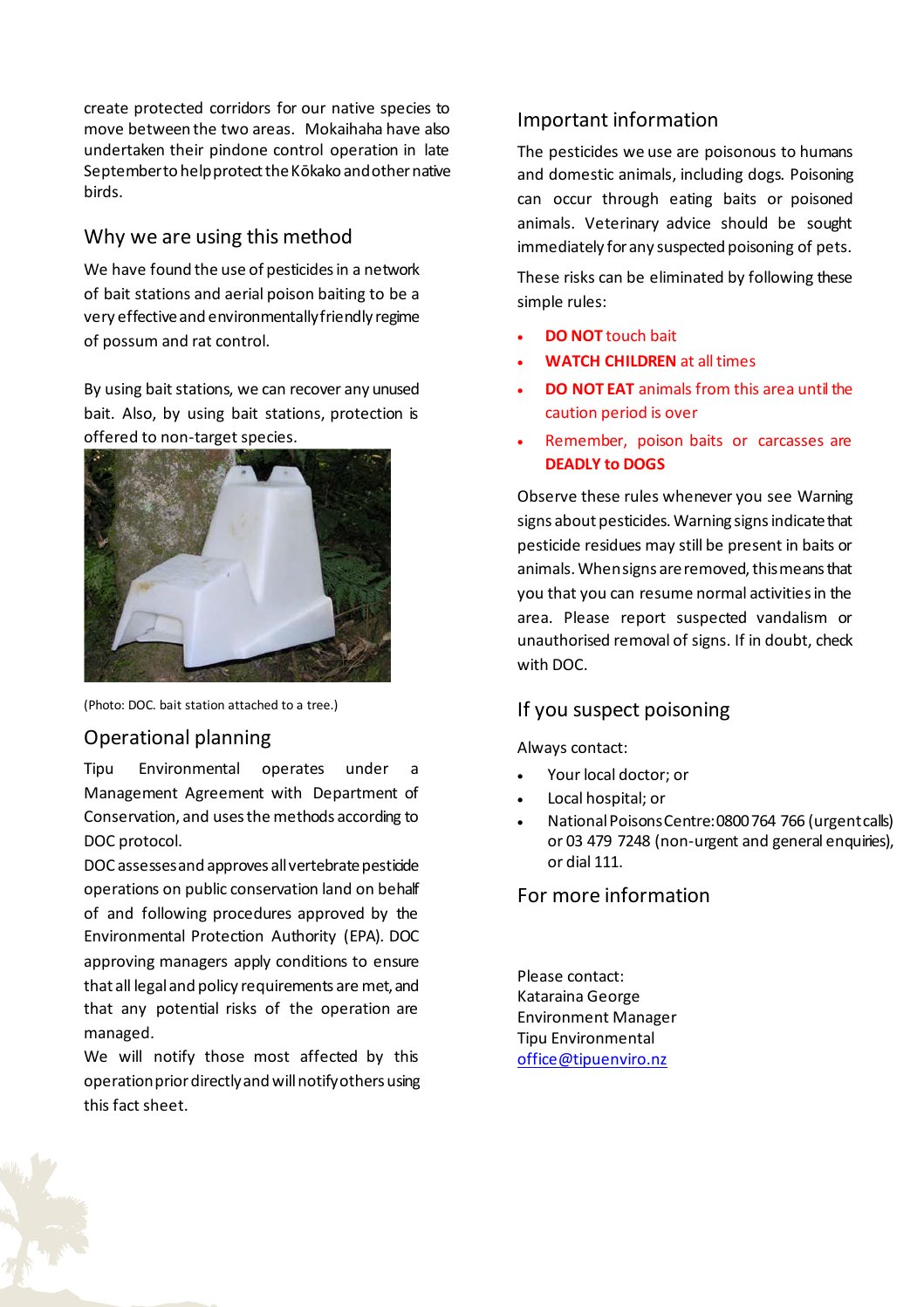 Factsheet page 2: safety information and contacts