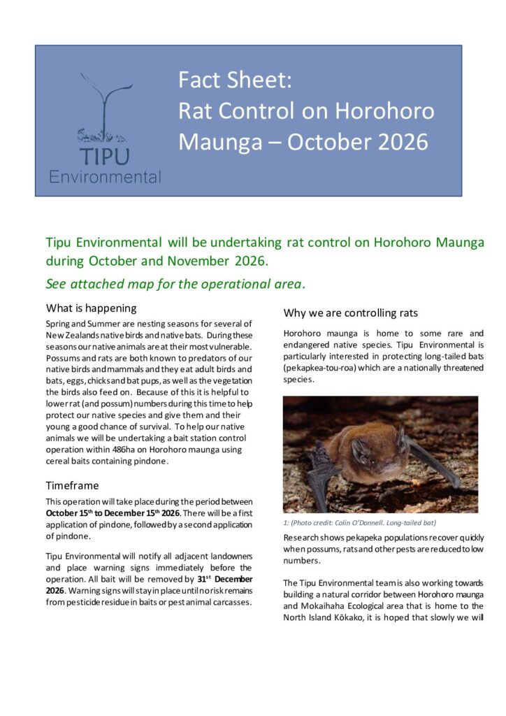 Factsheet page 1: Rat Control on Horohoro Maunga, October 2026